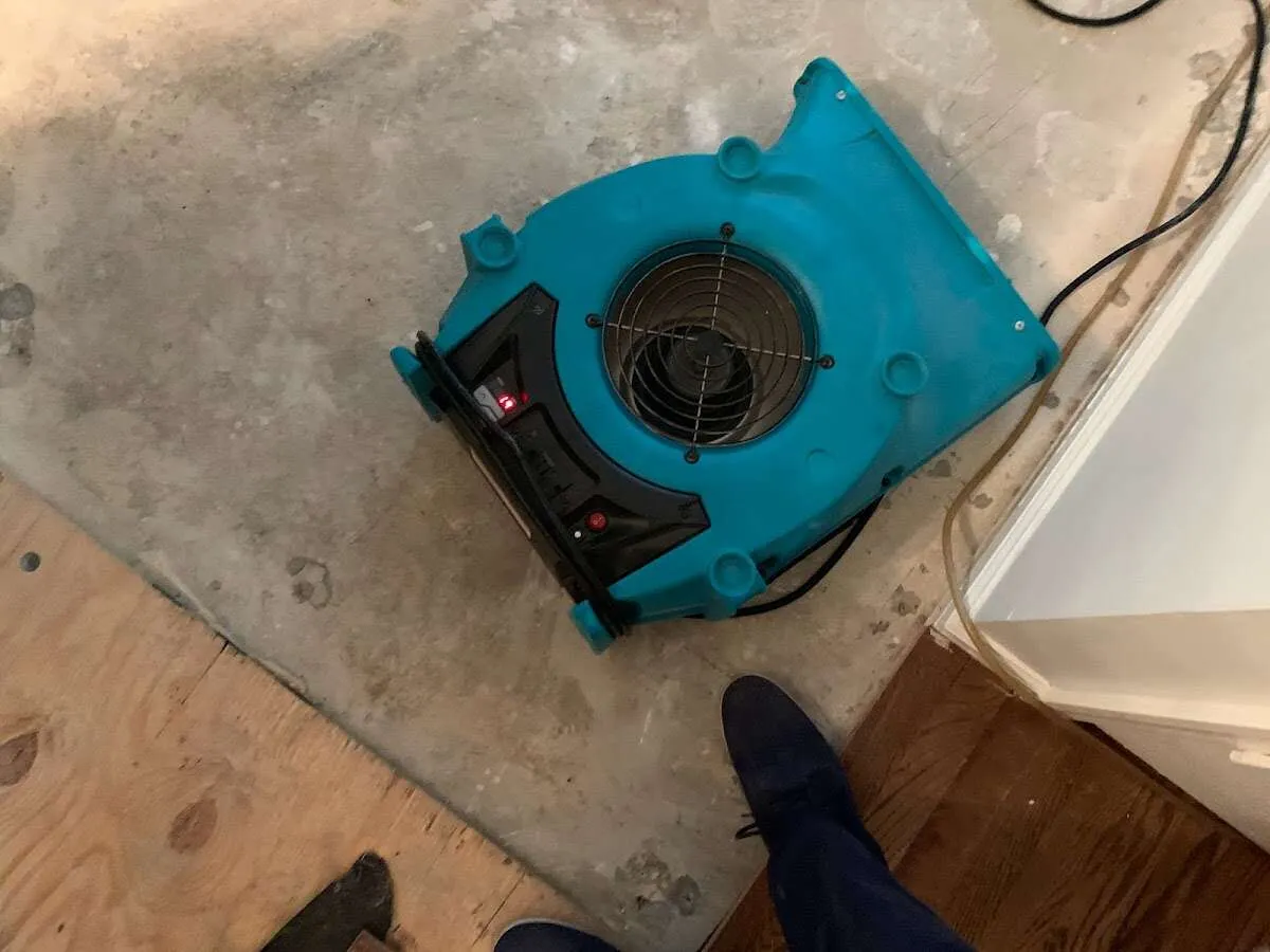Air mover drying subfloor during Commercial Water Damage Restoration in Herrin